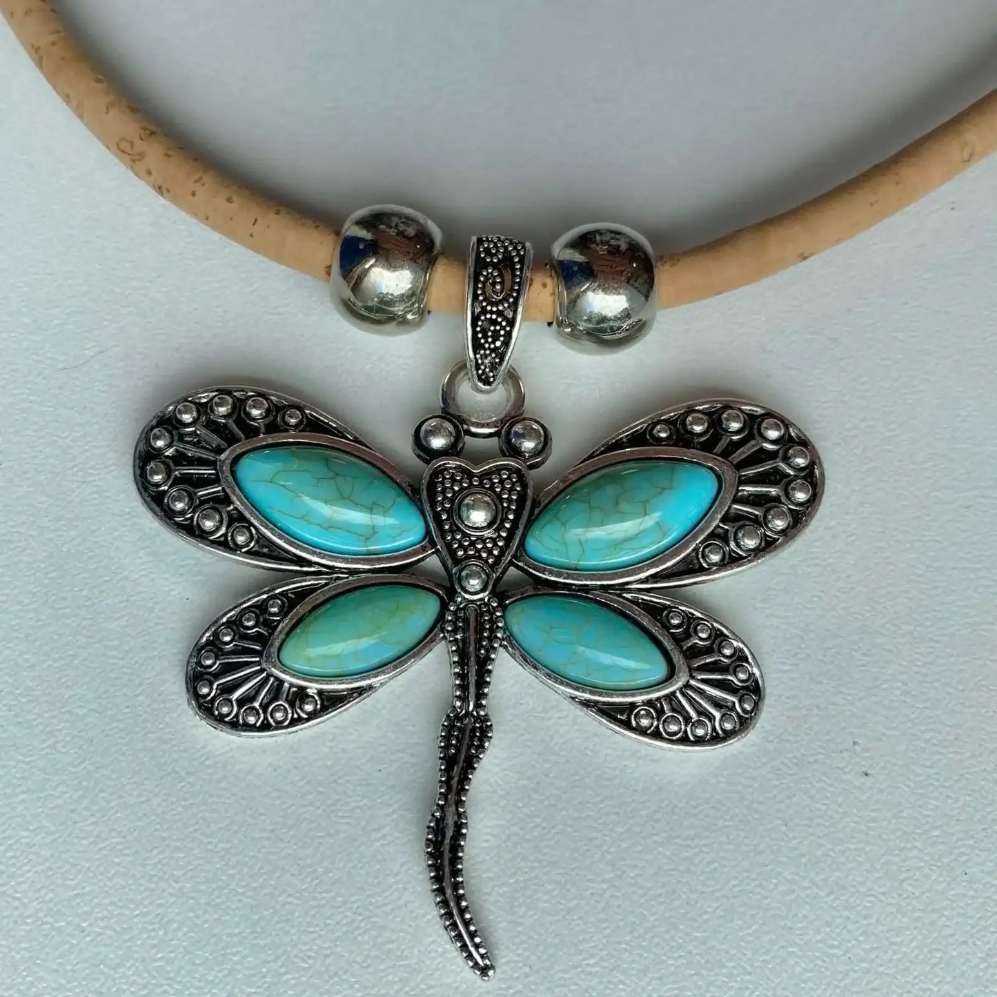 Cork Turquoise Dragonfly Pendant Necklace