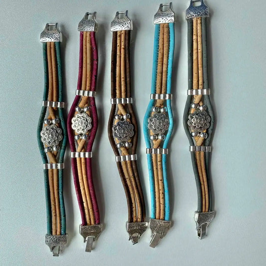 Cork Bracelet with Antique Silver Flower