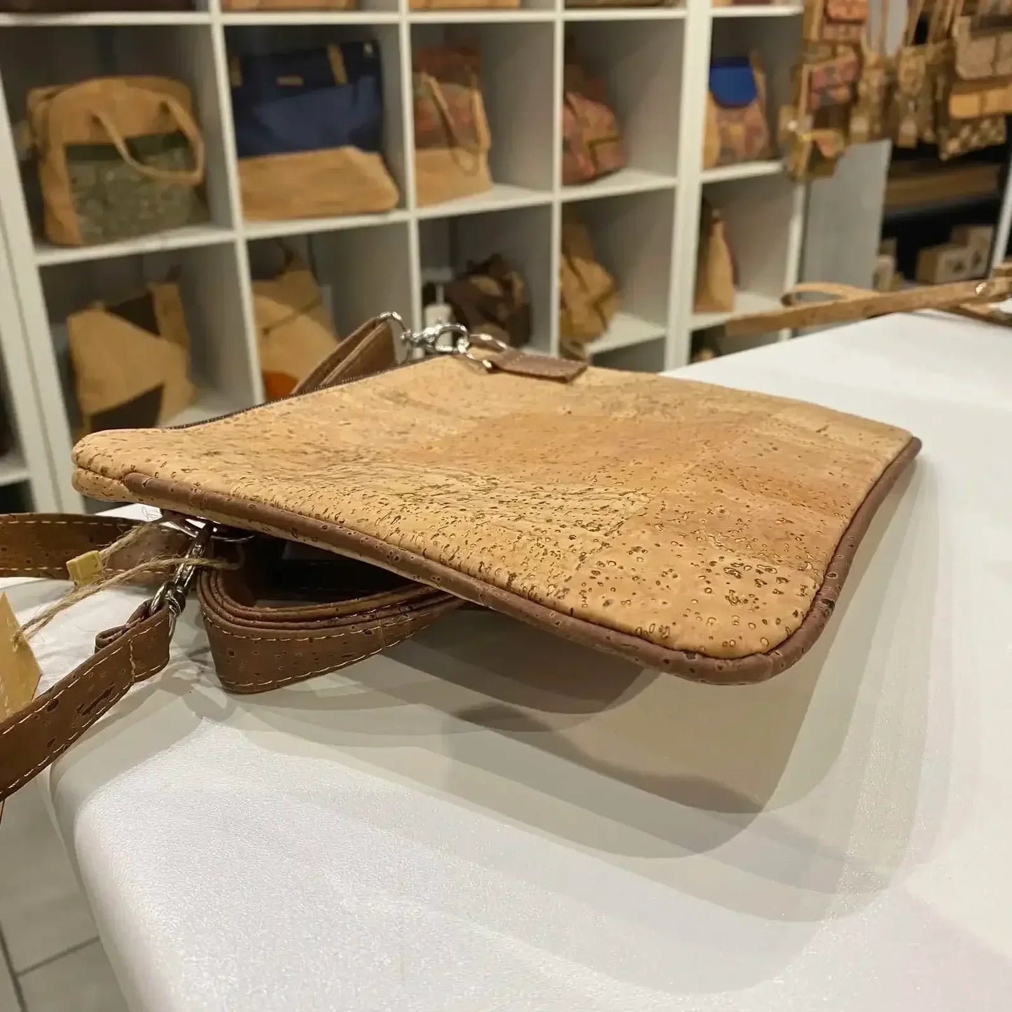 Zeta Natural Cork Slimline Handbag - Crossbody with Brown Trim - The Cork Shop