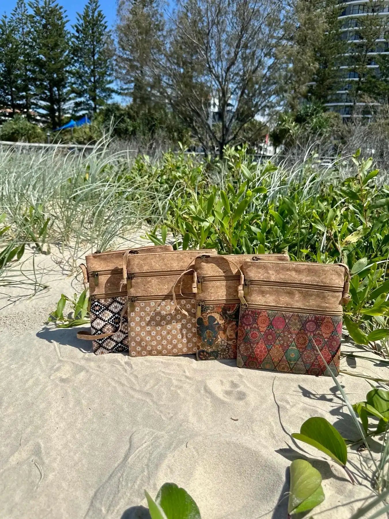 Cork Crossbody Bag with Patterned Zip Pockets - Rina