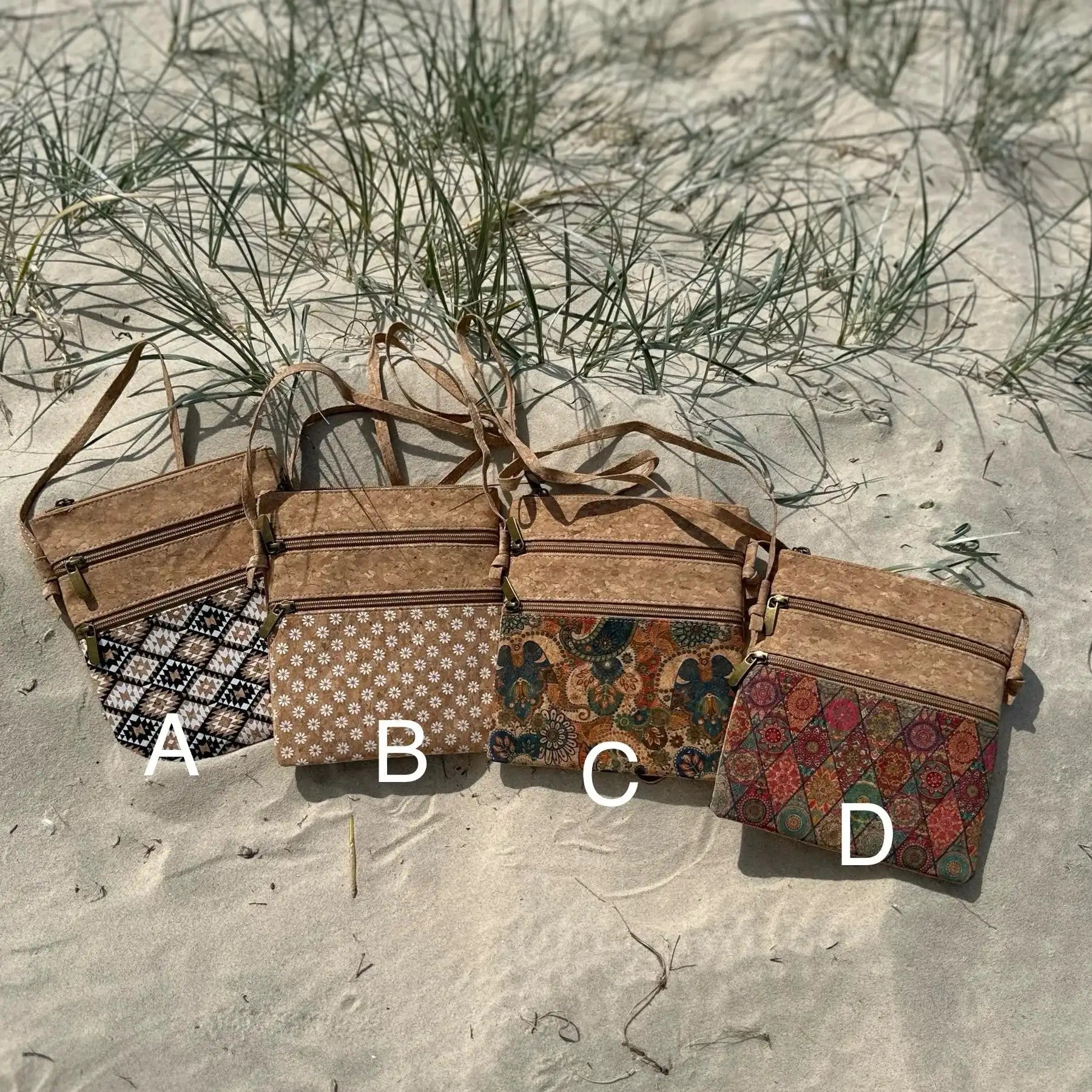 Cork Crossbody Bag with Patterned Zip Pockets - Rina