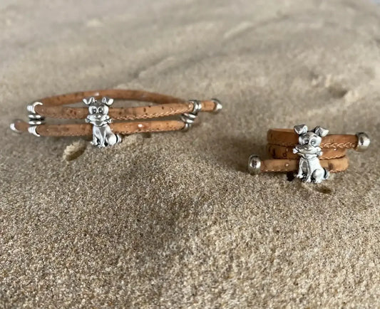 Cork Bracelet and Ring Set - Cute Dog Charm | Adjustable Vegan Jewellery - The Cork Shop
