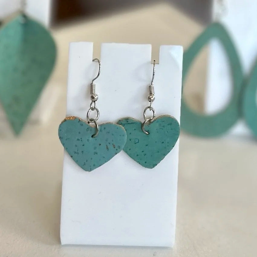 Natural Cork Earrings Turquoise Heart Shaped