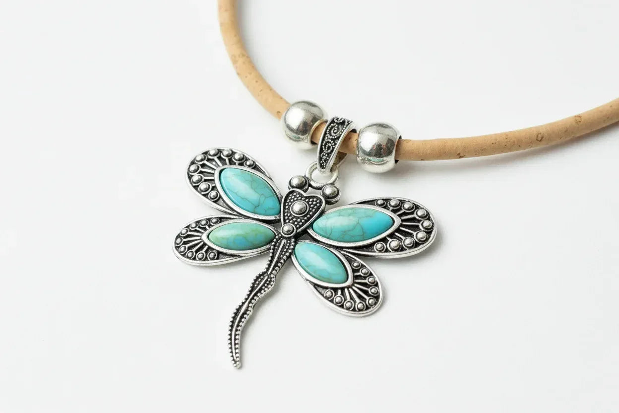 Cork Turquoise Dragonfly Pendant Necklace - Handmade Vegan Jewellery | 45cm - The Cork Shop 