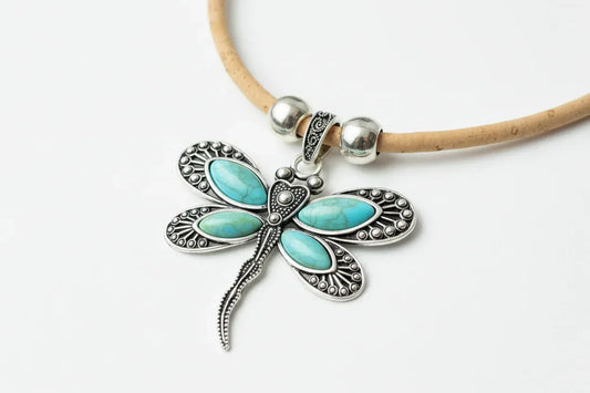 Cork Turquoise Dragonfly Pendant Necklace - Handmade Vegan Jewellery | 45cm - The Cork Shop 