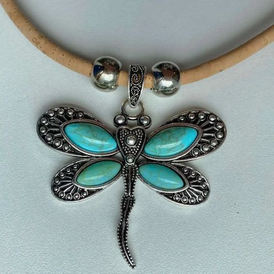 Cork Turquoise Dragonfly Pendant Necklace