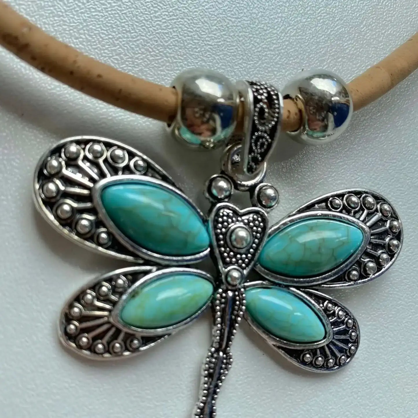 Cork Turquoise Dragonfly Pendant Necklace