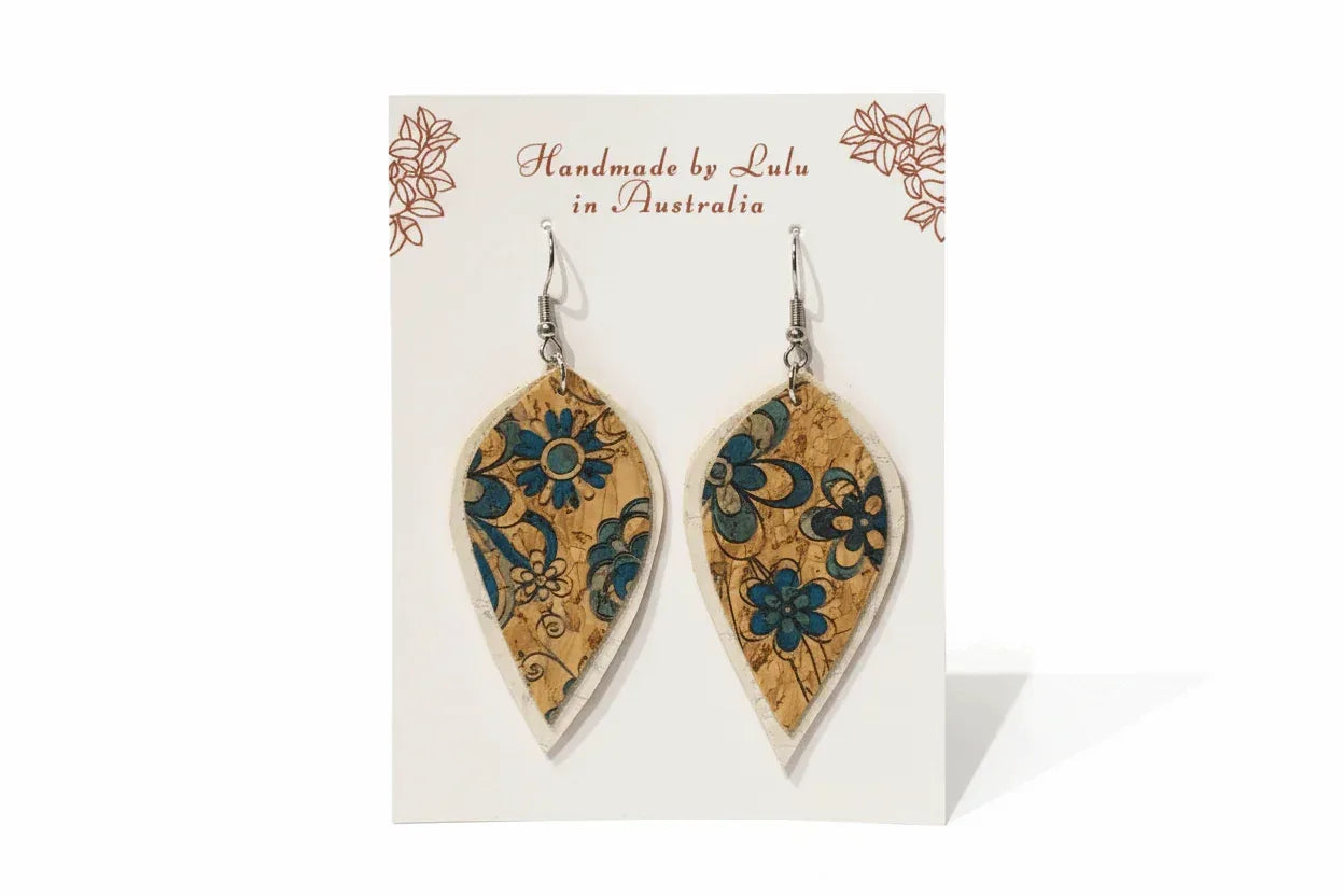 Handmade Cork Earrings with Green Flowers - Surgical Steel | Vegan - The Cork Shop 