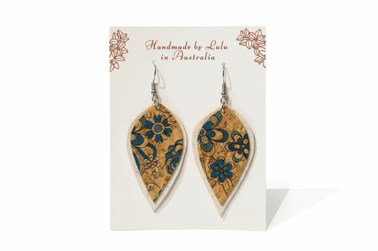 Handmade Cork Earrings with Green Flowers - Surgical Steel | Vegan - The Cork Shop 
