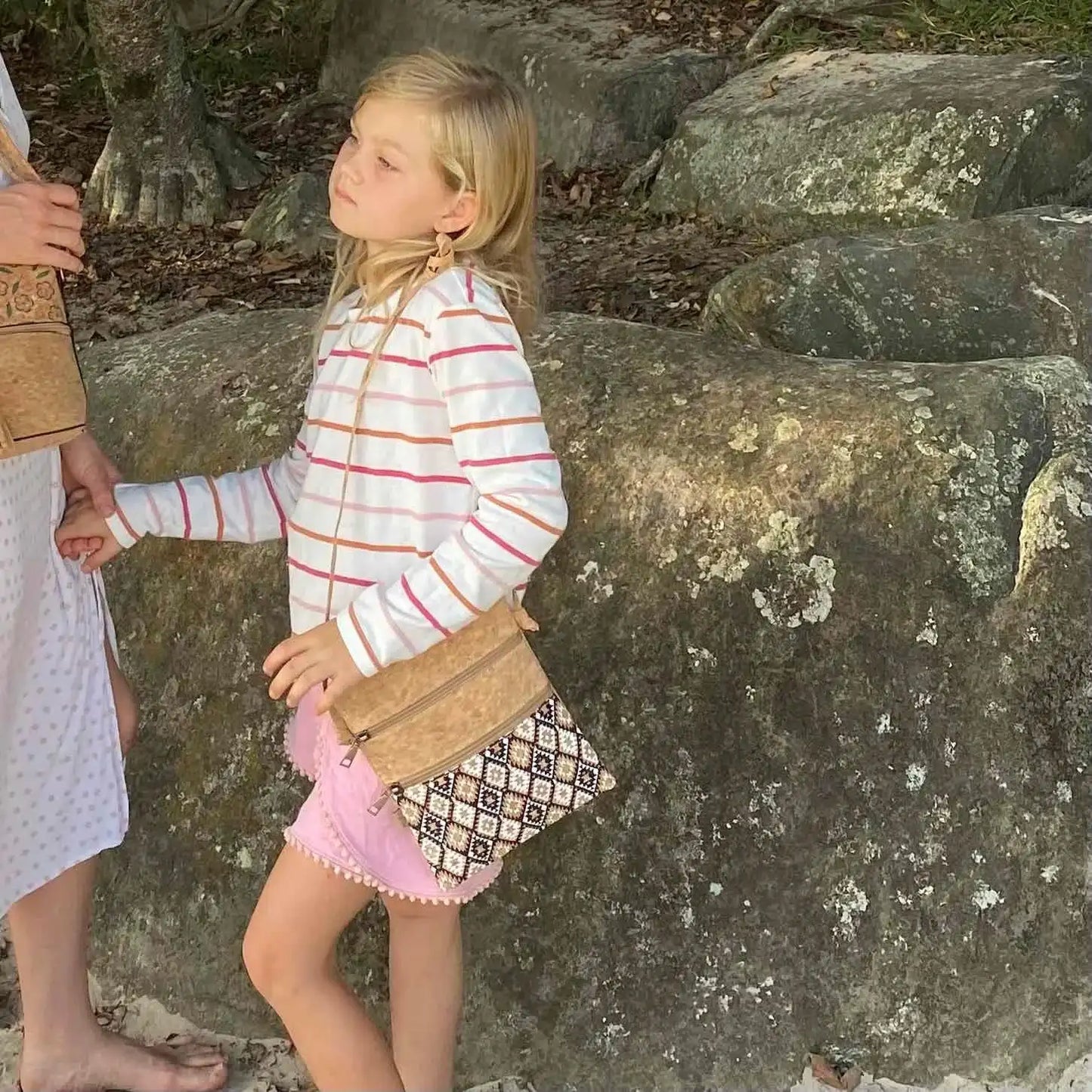 Cork Crossbody Bag with Patterned Zip Pockets - Rina