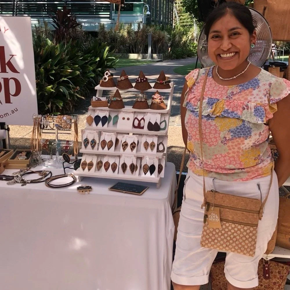 Cork Crossbody Bag with Patterned Zip Pockets - Rina