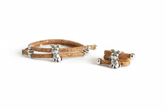 Cork Bracelet and Ring Set - Cute Dog Charm | Adjustable Vegan Jewellery - The Cork Shop 